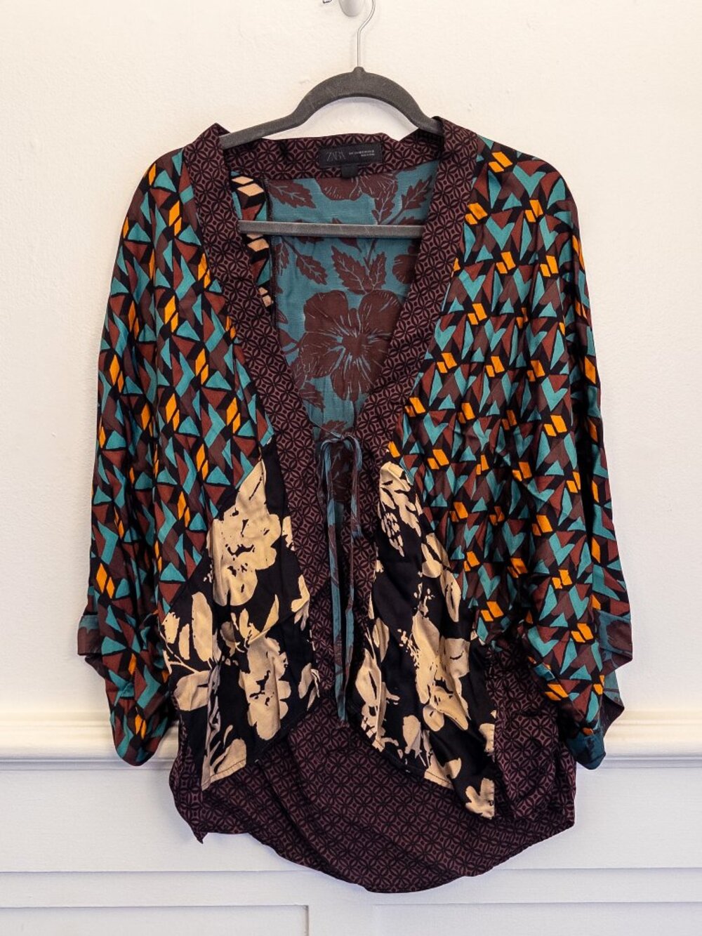 Zara Mixed Print Kimono Cardigan Boho Floral Geometric Tie Front XS/S